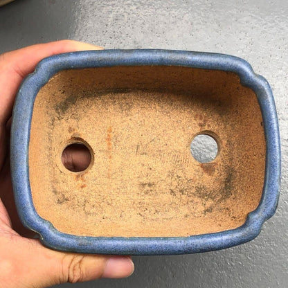 Japanese TOKONAME Bonsai pot HATTORI sign Blue glaze Outer edge Rctgl w4.8" /425