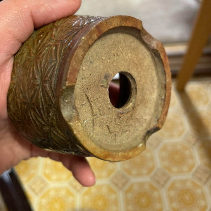 Japanese Bonsai pot SARAKU signed Relief pattern Round Brown SESSOKU φ3.2" /386