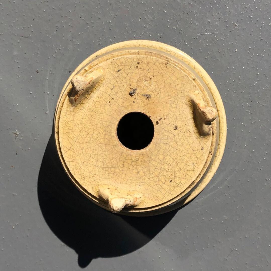 Japanese bonsai pot YOZAN sign SETO crackle Glazed cream cloud foot φ3.5" /291