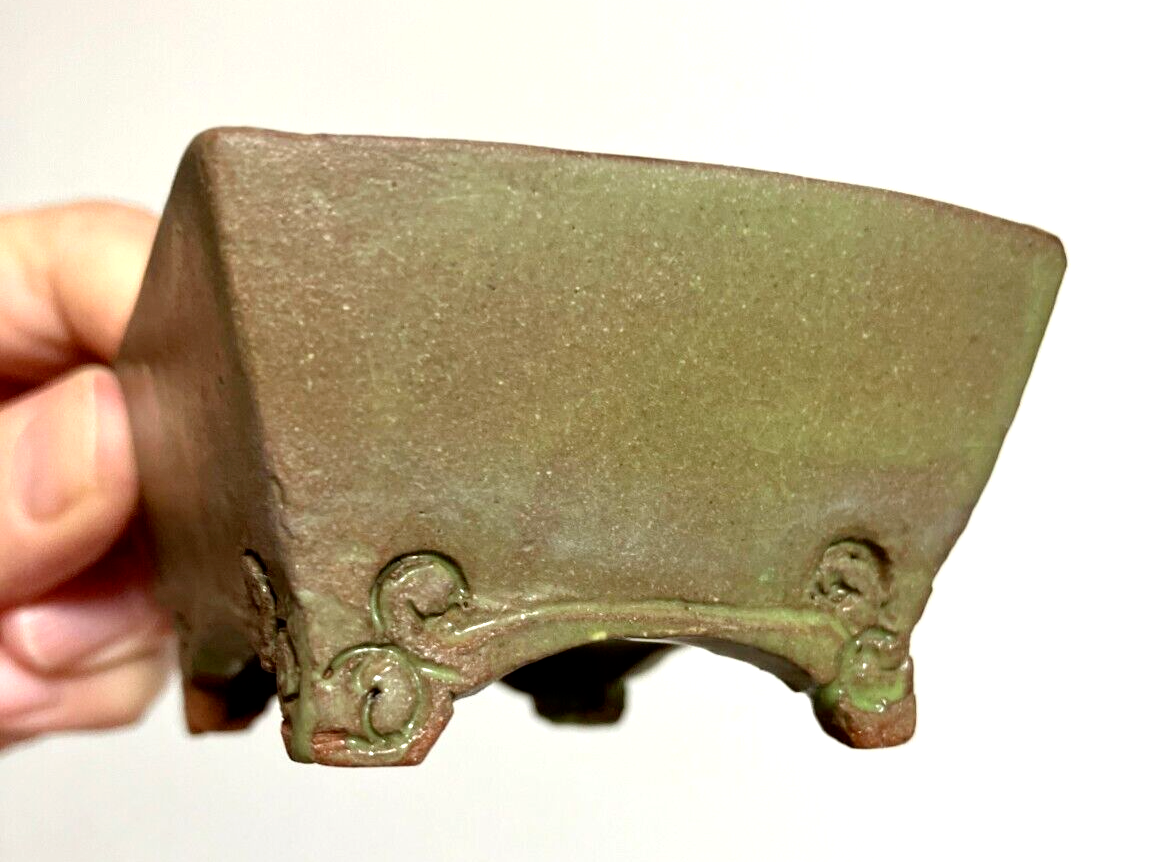 Japanese bonsai pot Artist signed green glazed rctgl Unique cloud f/ w3.3in n27