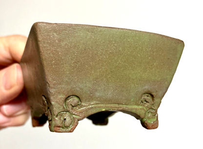 Japanese bonsai pot Artist signed green glazed rctgl Unique cloud f/ w3.3in n27
