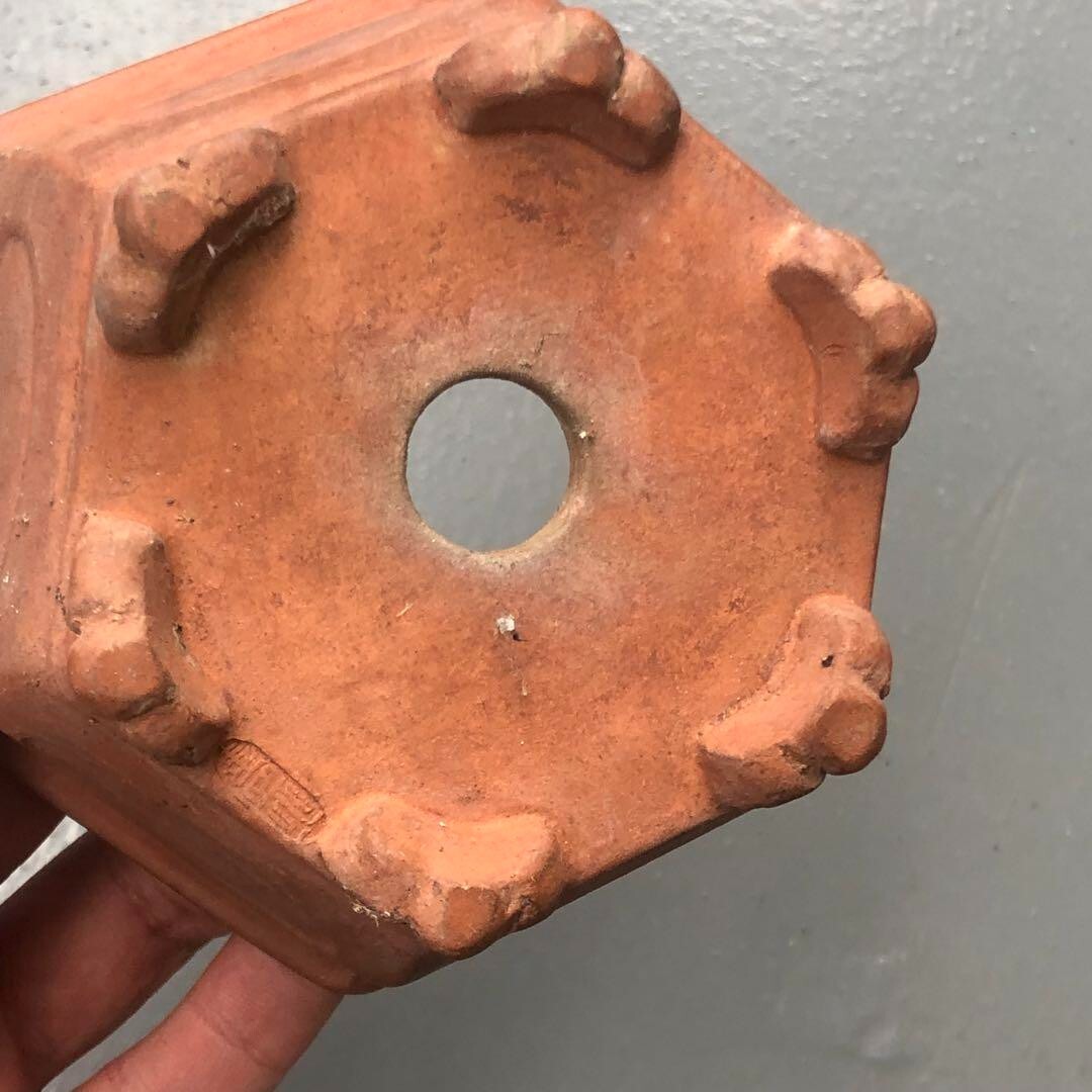 Japanese bonsai pot MASAMINE 正峯 signed SHUDEI Red clay Hexagon Cloud w3.9" /413