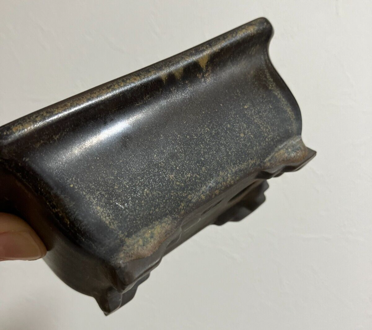 Japanese bonsai pot TOSUI signed glazed rectangle black brown w4.1" #26