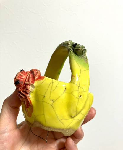 Japanese bonsai pot MASASHI FURUMOTO signed frog & crab relief basket φ3.3" /312