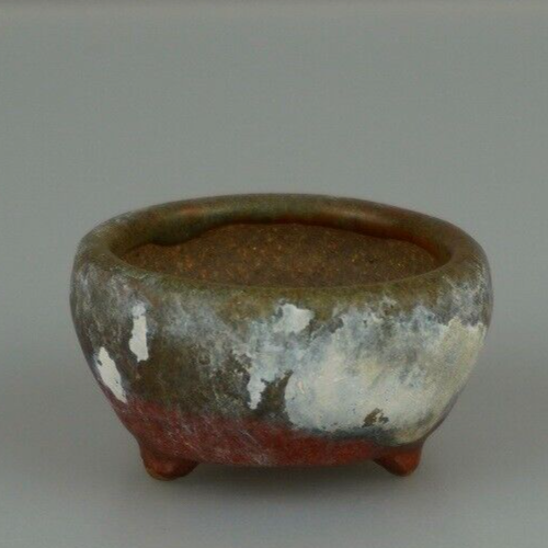 Japanese Bonsai pot artist signed MAME Red & green glazed Three legs φ1.9" /406