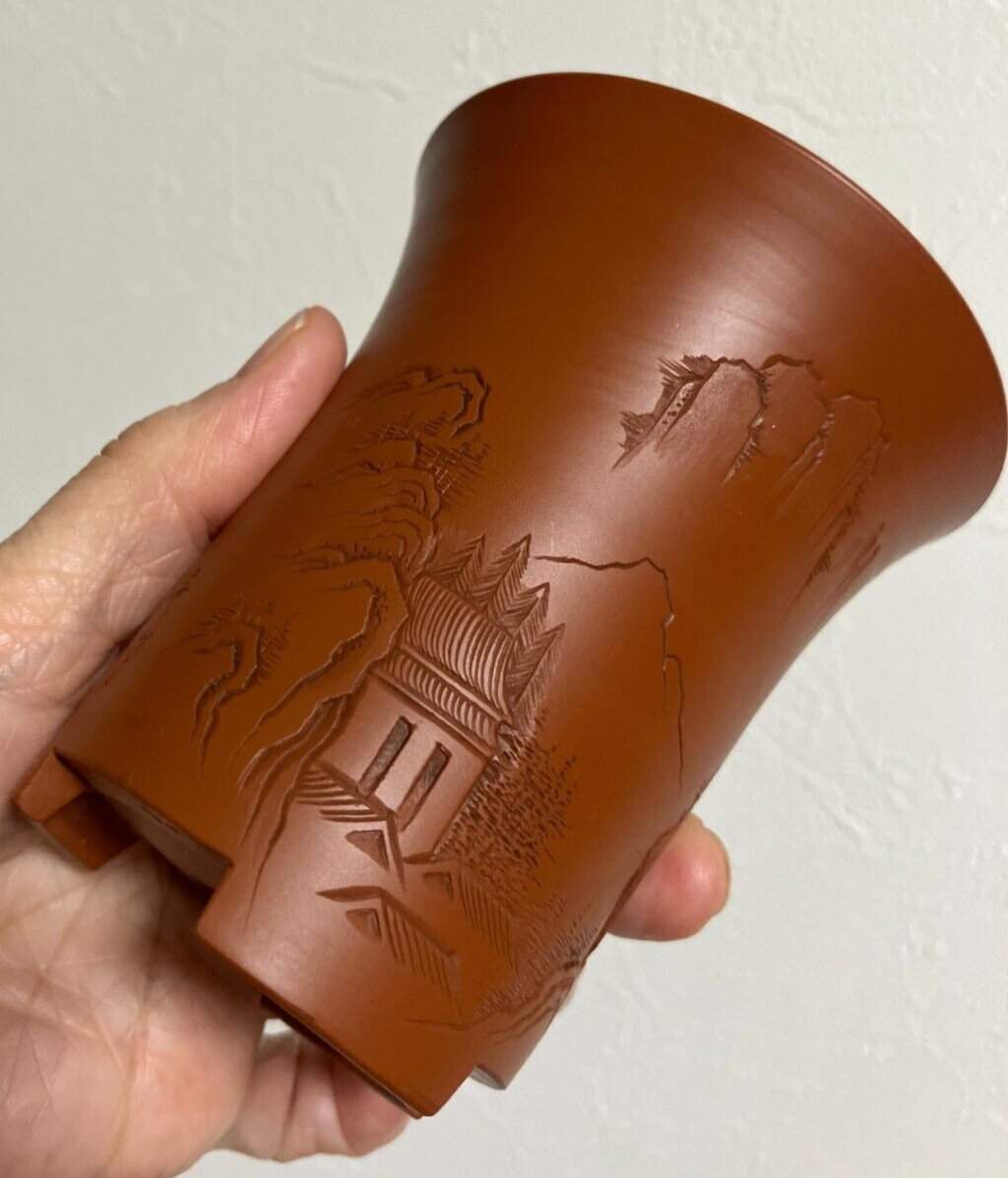 Japanese bonsai pot SHOZANTO signed pictured brown pillar three legs φ3.4" #43