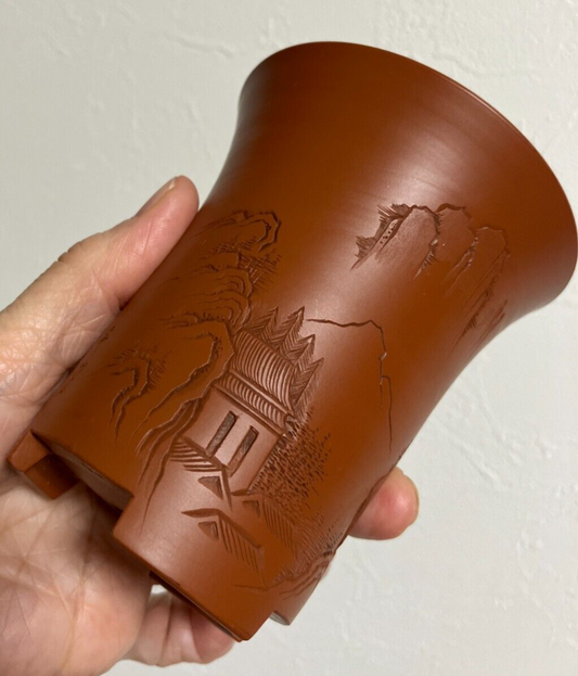 Japanese bonsai pot SHOZANTO signed pictured brown pillar three legs φ3.4" #43