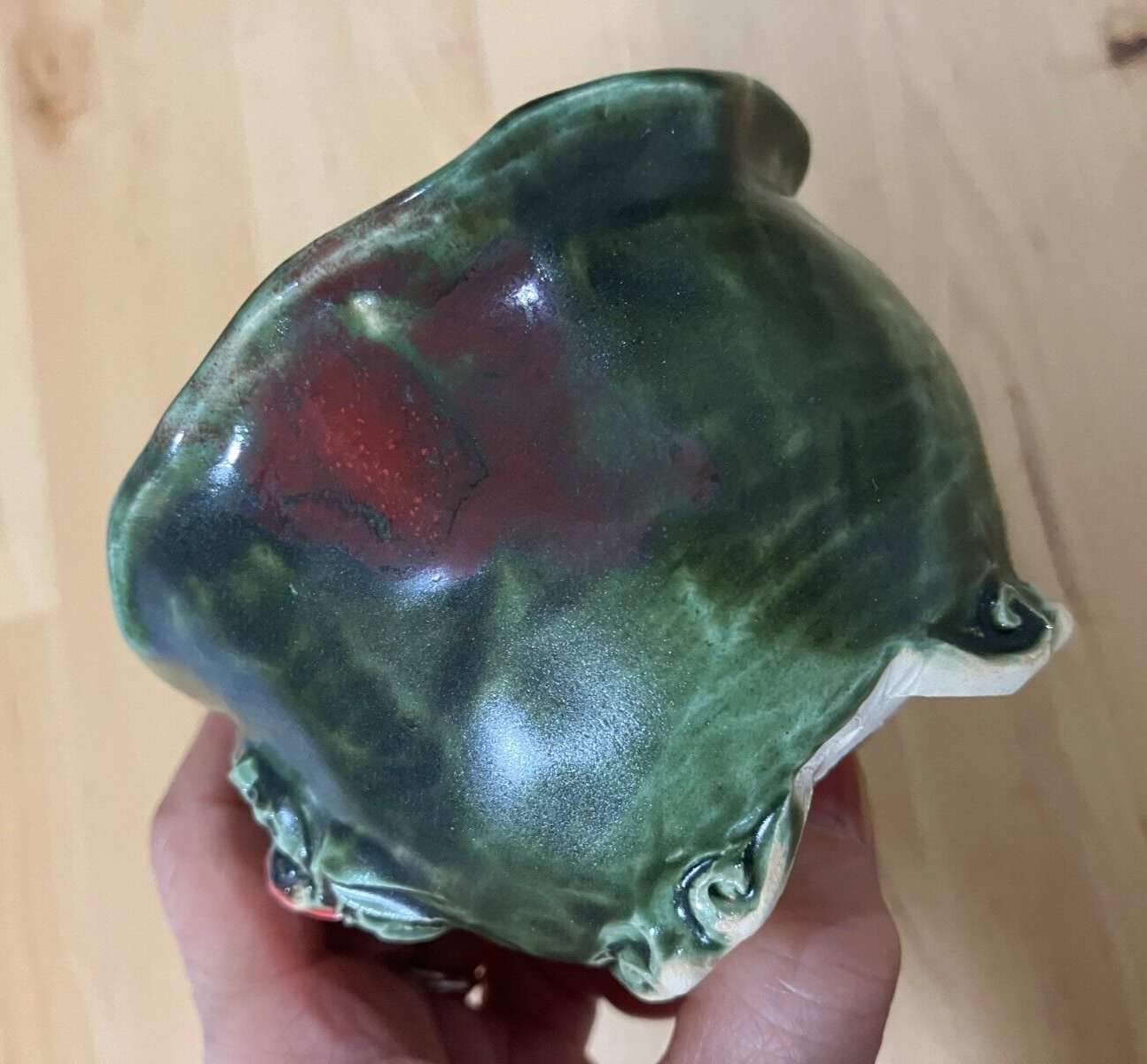 Japanese bonsai pot MASASHI FURUMOTO signed Green glazed Crab relief w3.8" 342