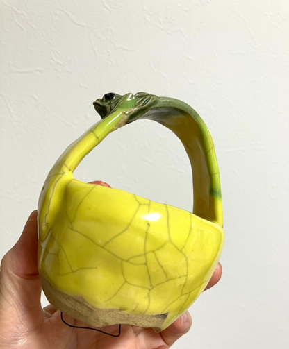 Japanese bonsai pot MASASHI FURUMOTO signed frog & crab relief basket φ3.3" /312