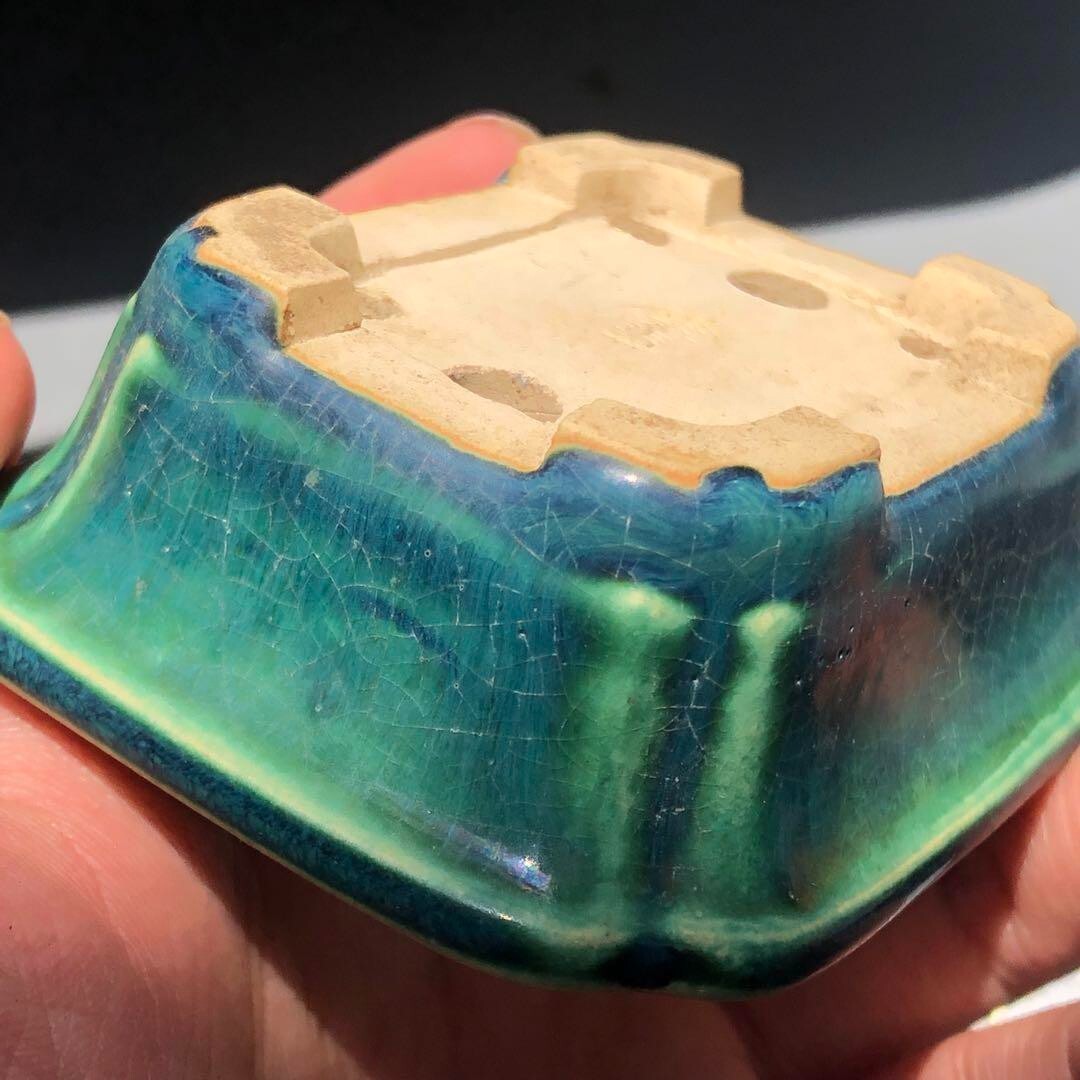 Japanese TOKONAME Bonsai pot YOZAN kiln EIMEI signed Green glazed w3.3" /404