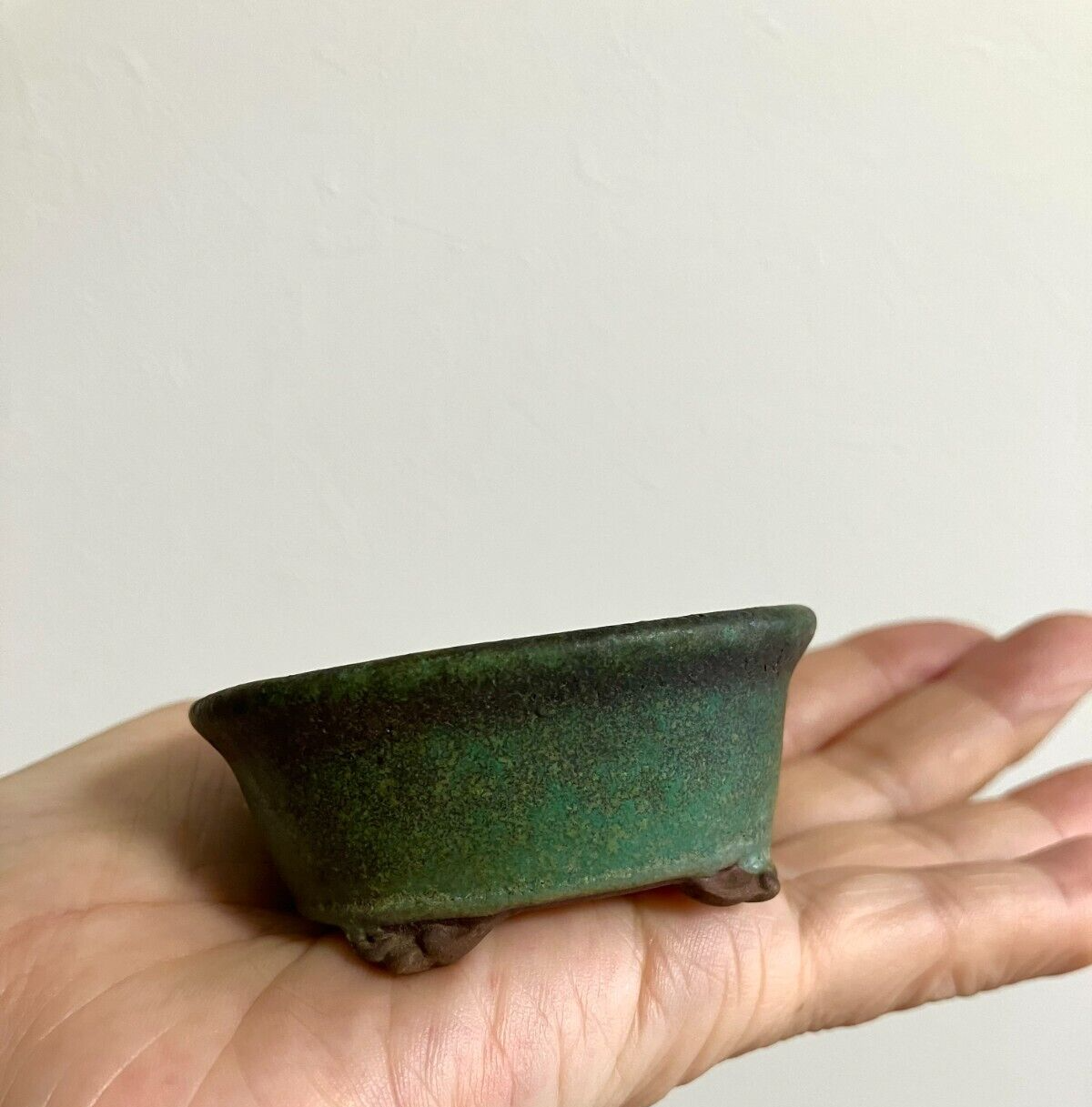 Japanese old bonsai pot TOSUI signed Set of 2 Cloud foot Green Brown w2.4" /310