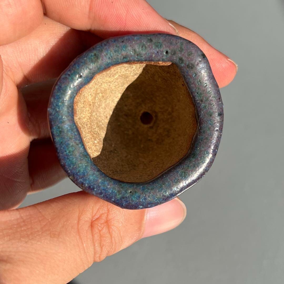 Japanese Bonsai pot AKINAO signed Peacock glazed MAME Cascade h1.8" /394