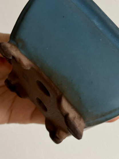 Japanese bonsai pot TOSUI signed blue glazed Jar shaped cloud foot w2.8" /19