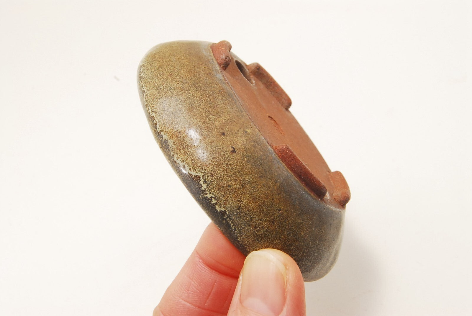 Japanese bonsai pot FUKU signed Brown glazed Oval shallow SESSOKU φ3.1" /333