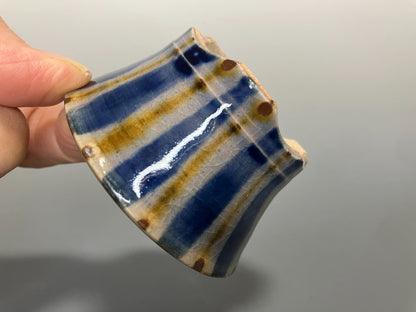 Japanese Bonsai pot MASAKO KUNII signed Glazed Blue stripe MAME Rd φ2.4" /430