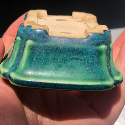 Japanese TOKONAME Bonsai pot YOZAN kiln EIMEI signed Green glazed w3.3" /404
