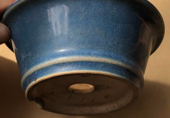 Bonsai pot KOCHI signed Blue glazed Round SESSOKU Bottom lined φ4.5" /423