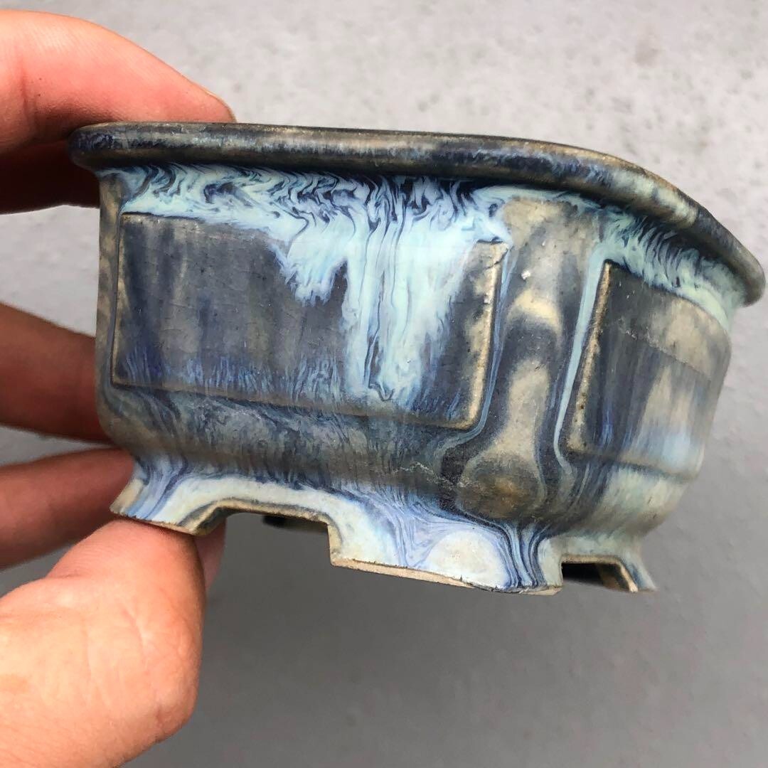 Japanese bonsai pot KEISHIN DOSHITA signed rectangle Marble glazed w3.3" /382