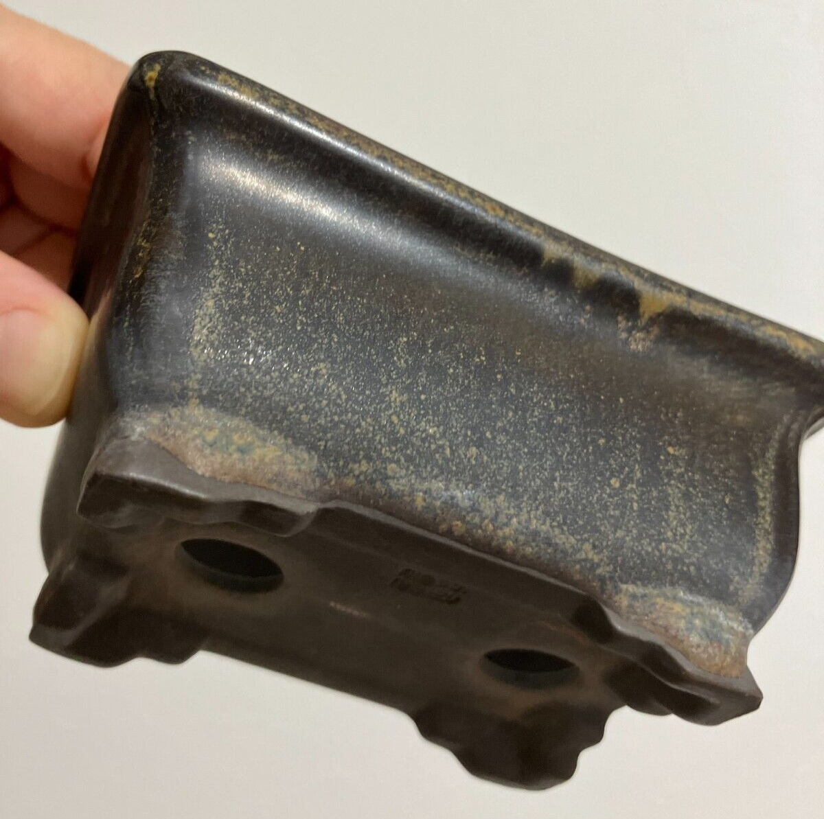 Japanese bonsai pot TOSUI signed glazed rectangle black brown w4.1" #26