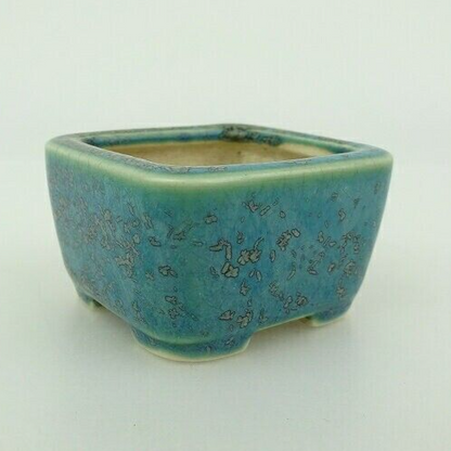 Japanese Bonsai pot SEIKO signed Green glazed MAME SESSOKU Square w1.7" /407