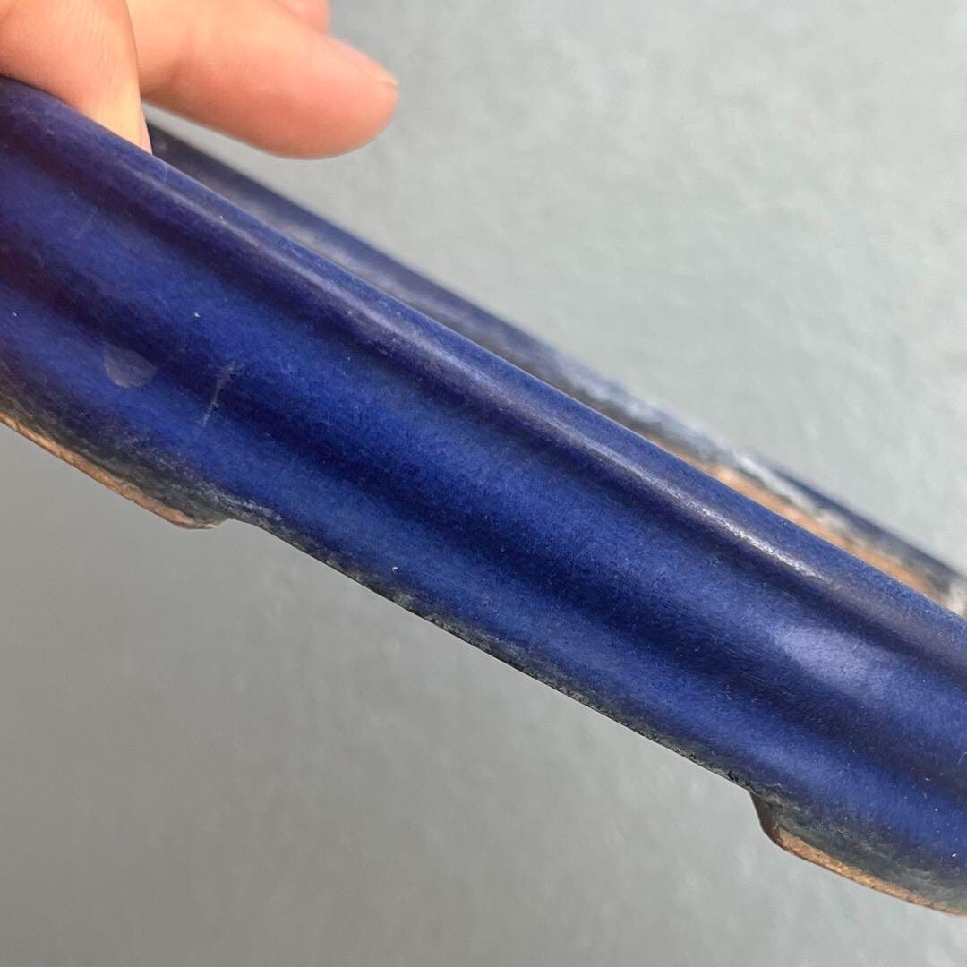 Japanese TOKONAME Bonsai pot HATTORI signed Blue glazed Rectangle w5" /403