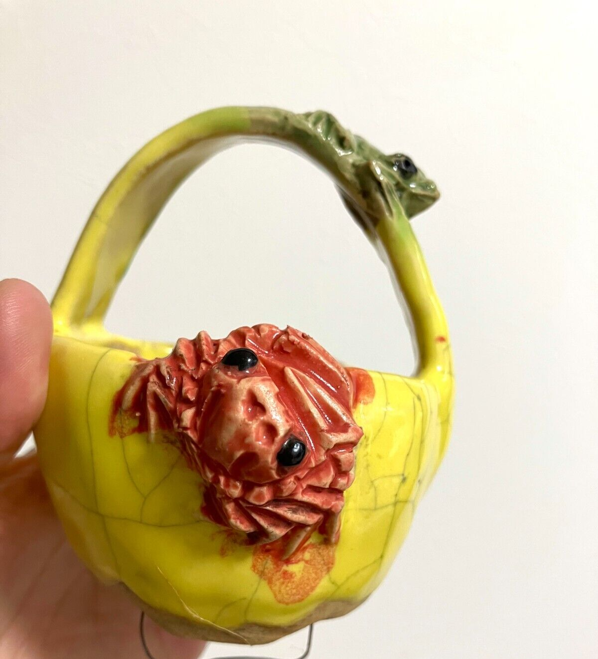 Japanese bonsai pot MASASHI FURUMOTO signed frog & crab relief basket φ3.3" /312