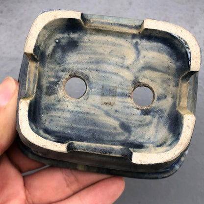 Japanese bonsai pot KEISHIN DOSHITA signed rectangle Marble glazed w3.3" /382