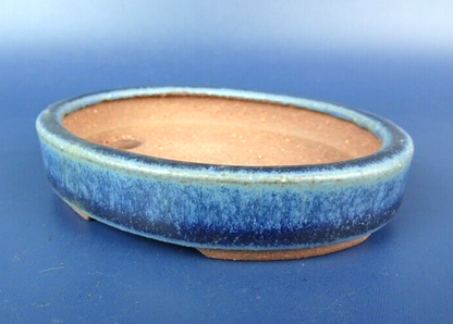 Japanese TOKONAME bonsai pot YOZAN signed Navy glazed Oval NAMAKO w3.5" /405