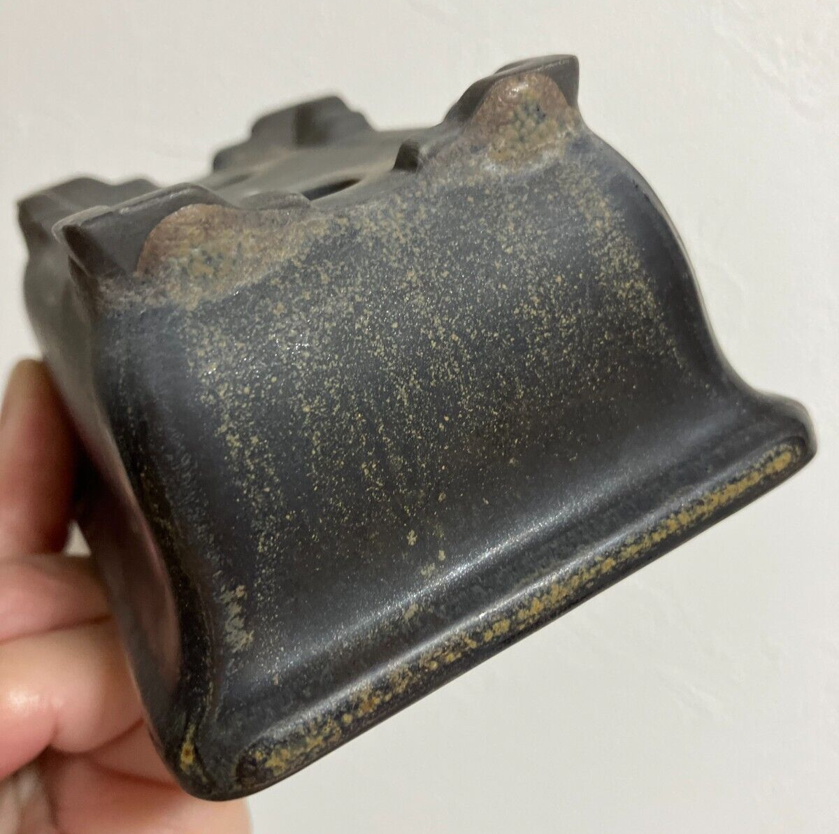 Japanese bonsai pot TOSUI signed glazed rectangle black brown w4.1" #26