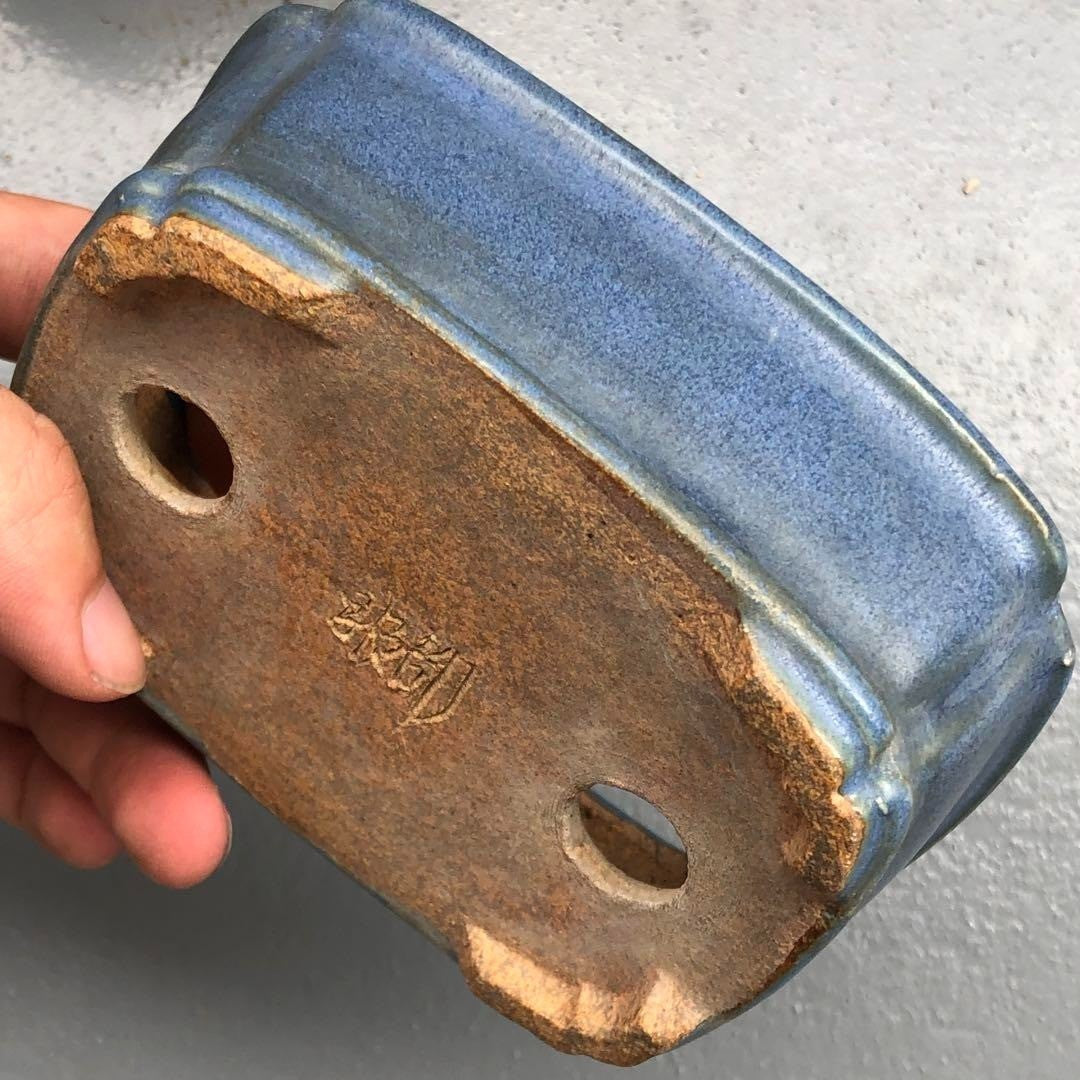 Japanese TOKONAME Bonsai pot HATTORI sign Blue glaze Outer edge Rctgl w4.8" /425