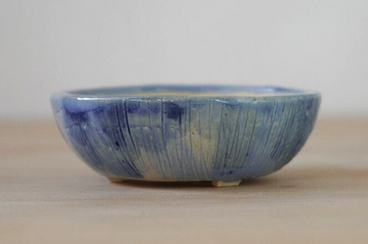 Japanese bonsai pot AKIMUNE signed MAME glazed Blue rain three legs φ2.7" /318