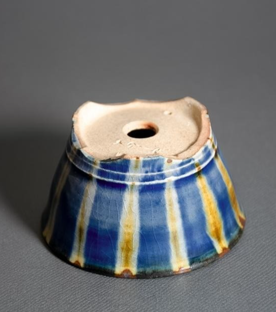 Japanese Bonsai pot MASAKO KUNII signed Glazed Blue stripe MAME Rd φ2.6" /429