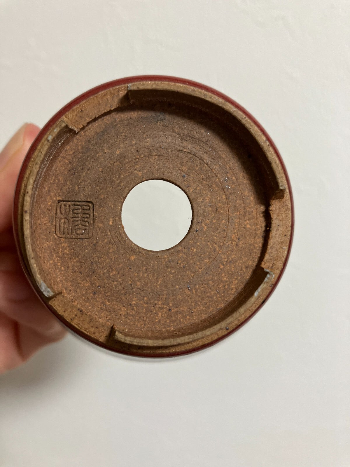 Japanese bonsai pot TACHIBANA signed red glazed SESSOKU foot use φ2.8" /238