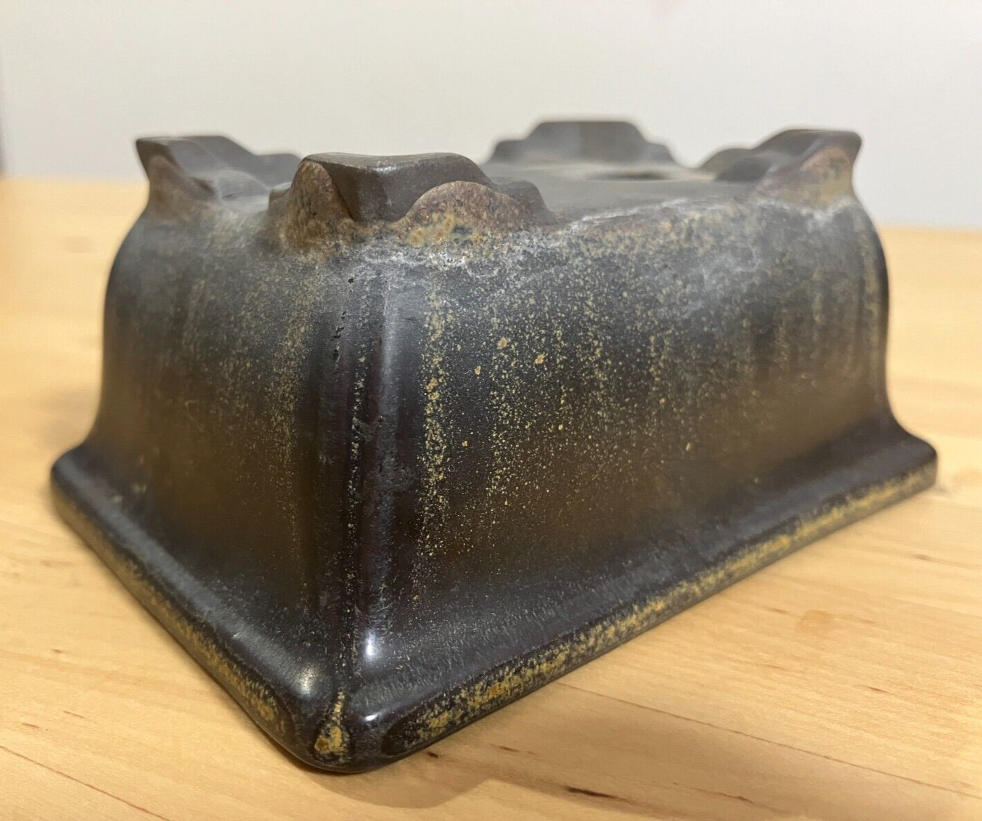 Japanese bonsai pot TOSUI signed glazed rectangle black brown w4.1" #26