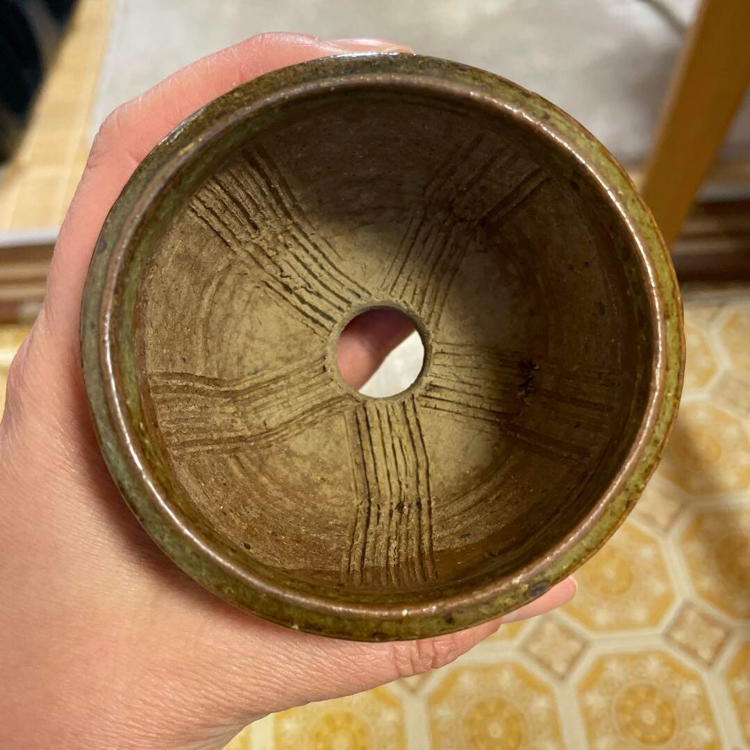 Japanese Bonsai pot SARAKU signed Relief pattern Round Brown SESSOKU φ3.2" /386