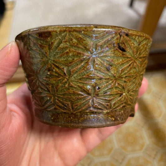 Japanese Bonsai pot SARAKU signed Relief pattern Round Brown SESSOKU φ3.2" /386