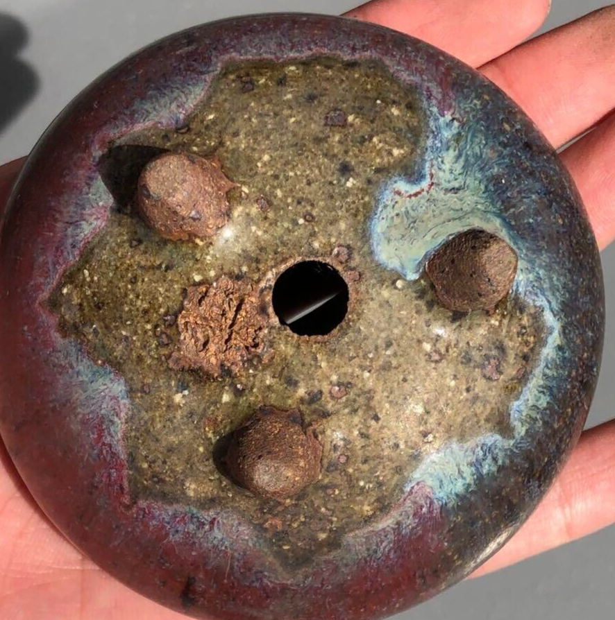 Japanese bonsai pot YOHEN Cinnabar glazed 3 legs Blue Purple Round φ3.5" /422