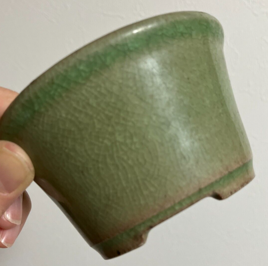 Japanese bonsai pot SHOSEKI 1st gen. signed green crackle glazed round w3.7" /10