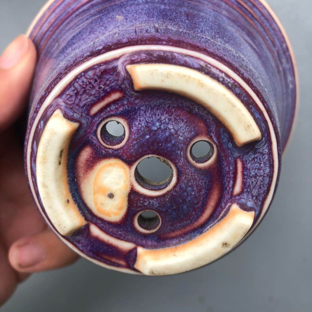 Japanese bonsai pot JUETSU signed purple glazed SESSOKU foot used φ4.3" /270