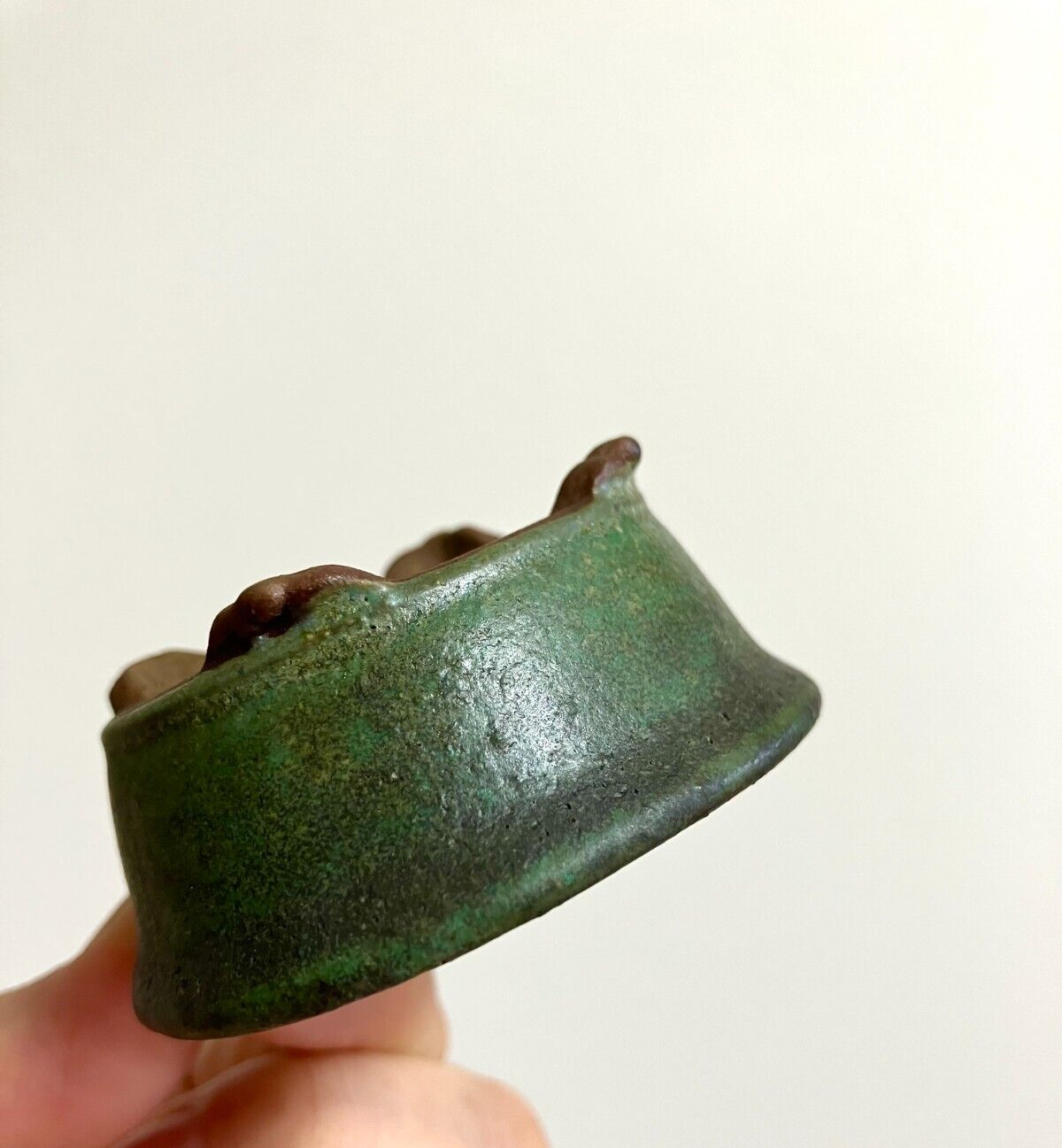 Japanese old bonsai pot TOSUI signed Set of 2 Cloud foot Green Brown w2.4" /310