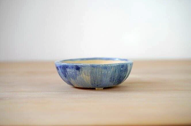 Japanese bonsai pot AKIMUNE signed MAME glazed Blue rain three legs φ2.7" /318