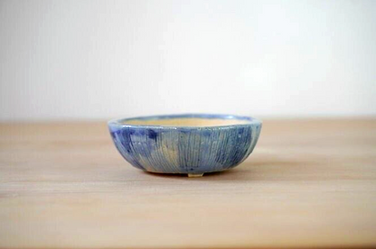 Japanese bonsai pot AKIMUNE signed MAME glazed Blue rain three legs φ2.7" /318