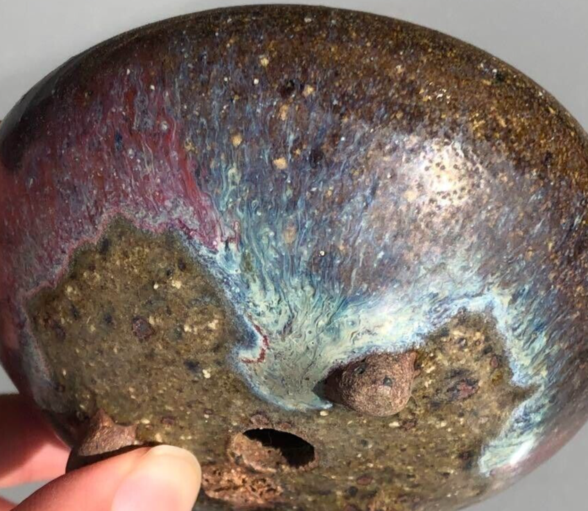 Japanese bonsai pot YOHEN Cinnabar glazed 3 legs Blue Purple Round φ3.5" /422