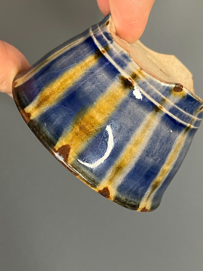Japanese Bonsai pot MASAKO KUNII signed Glazed Blue stripe MAME Rd φ2.6" /429