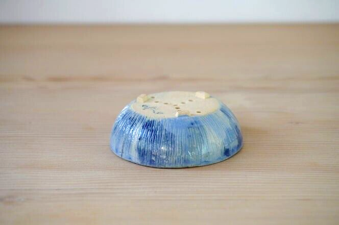 Japanese bonsai pot AKIMUNE signed MAME glazed Blue rain three legs φ2.7" /318