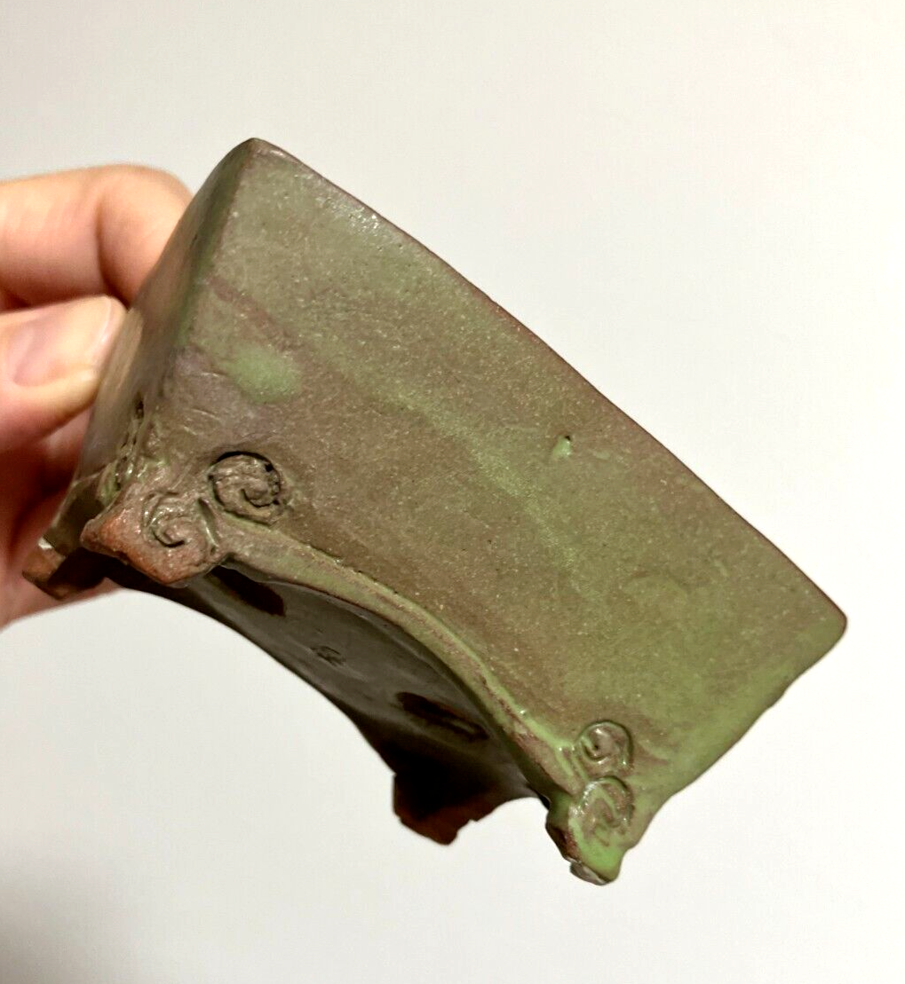 Japanese bonsai pot Artist signed green glazed rctgl Unique cloud f/ w3.3in n27