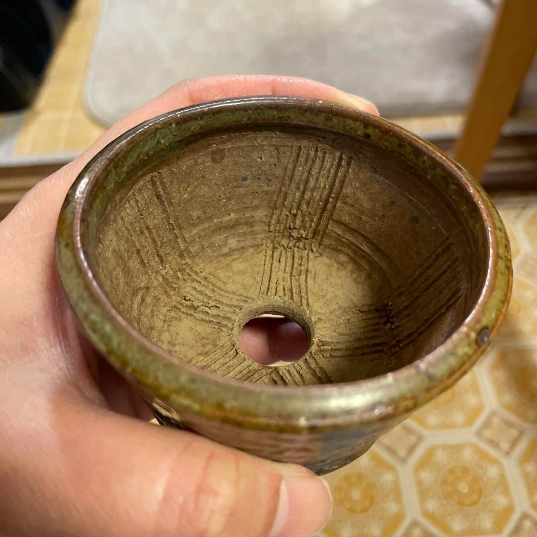 Japanese Bonsai pot SARAKU signed Relief pattern Round Brown SESSOKU φ3.2" /386