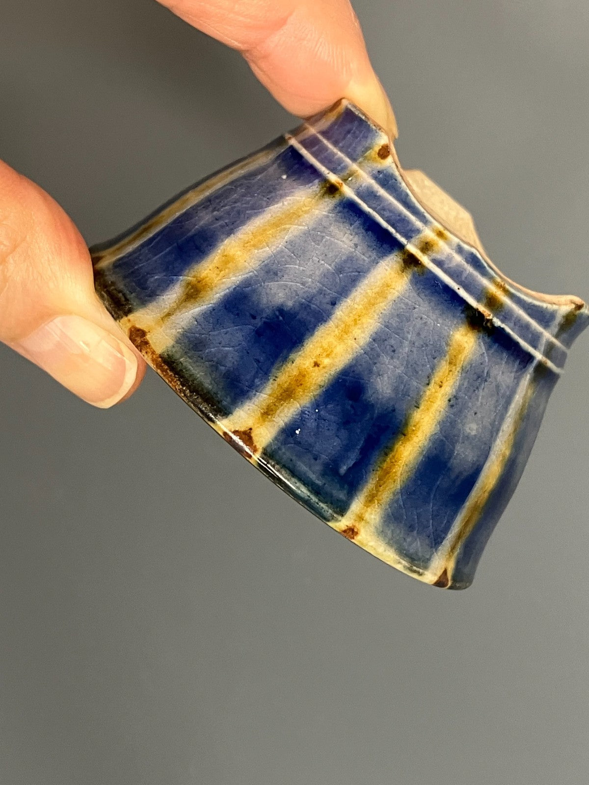 Japanese Bonsai pot MASAKO KUNII signed Glazed Blue stripe MAME Rd φ2.6" /429