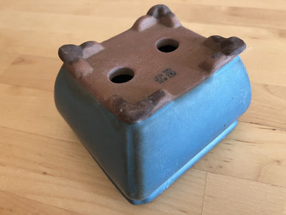 Japanese bonsai pot TOSUI signed blue glazed Jar shaped cloud foot w2.8" /19