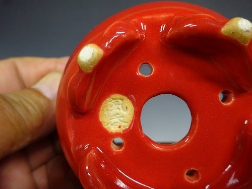 Japanese Bonsai pot FUKA signed Coral glazed RINKA Round Red φ3.7" /424